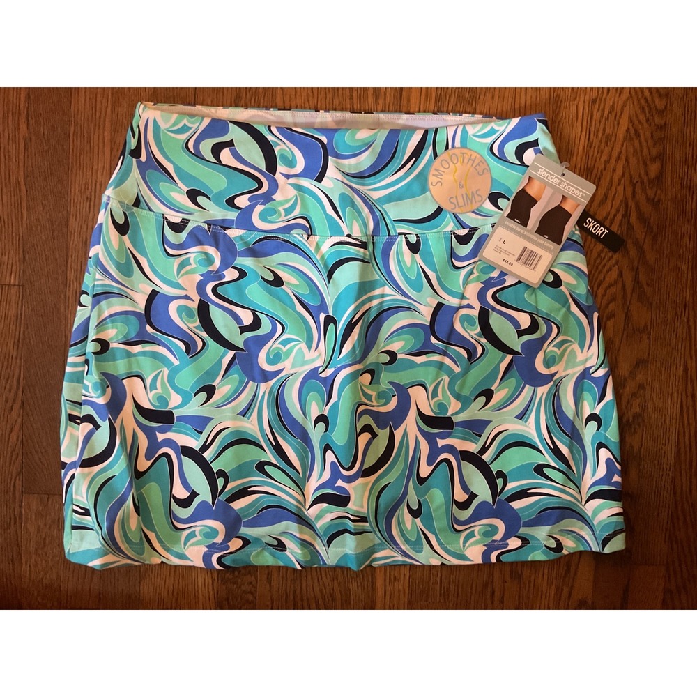 Slender Shapes Women Blue Curacao Abstract Swirl Tummy Control Skort BT52TS255 L